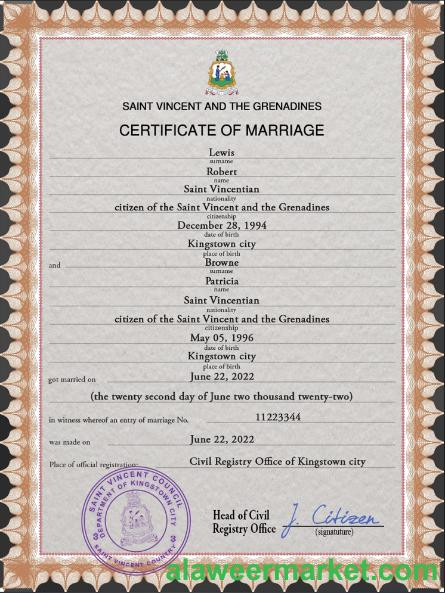 Saint Vincent and the Grenadines marriage certificate
